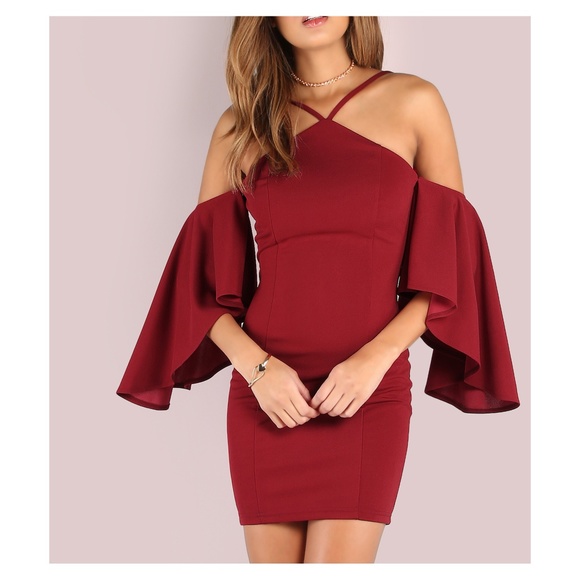 LAST ONE! Burgundy Red Bell Sleeve Bodycon Dress - Picture 4 of 5